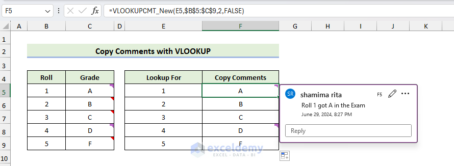Copy Comments Using UDF Function